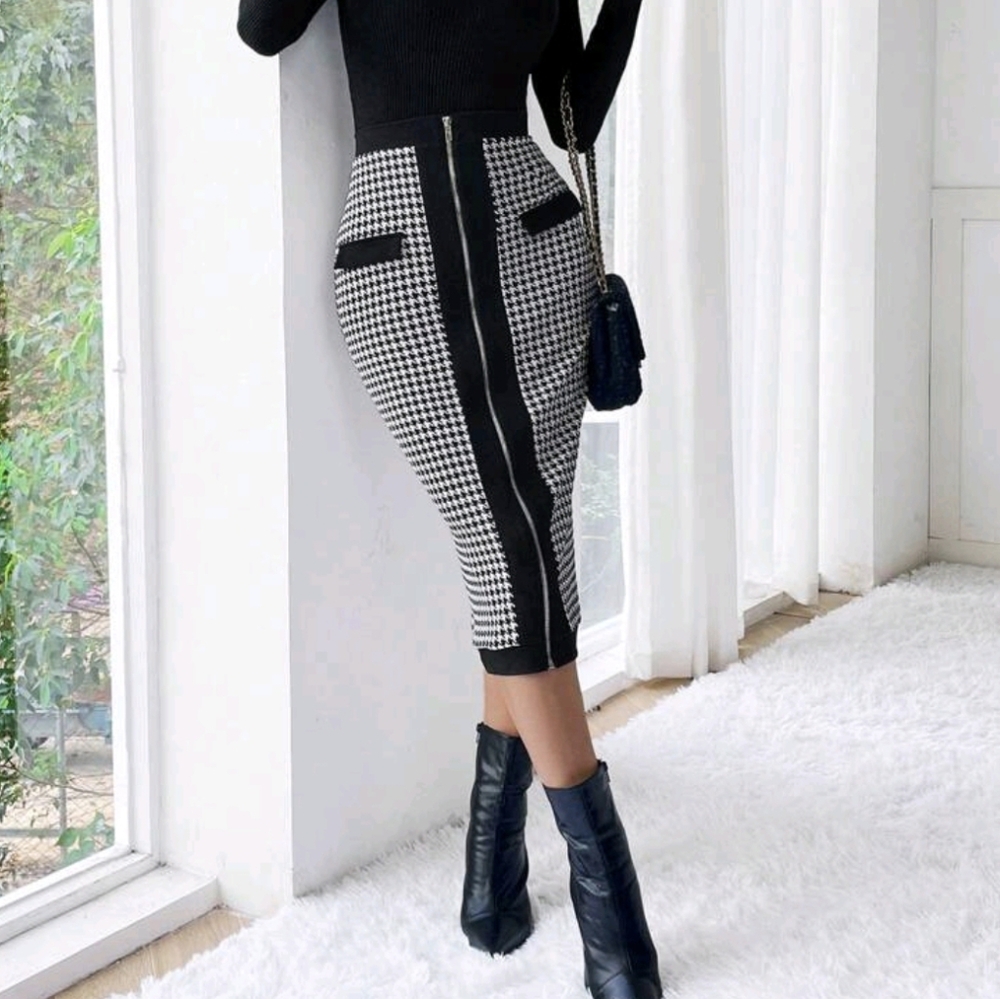 SHEIN Privé Houndstooth Print Zip Up Pencil Skirt